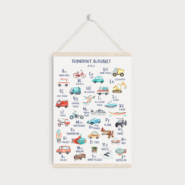 Alphabet Educational Wall Print, Transport Theme, Nursery Art, Kids Bedroom Decor Automobile, Car, Plane, Train