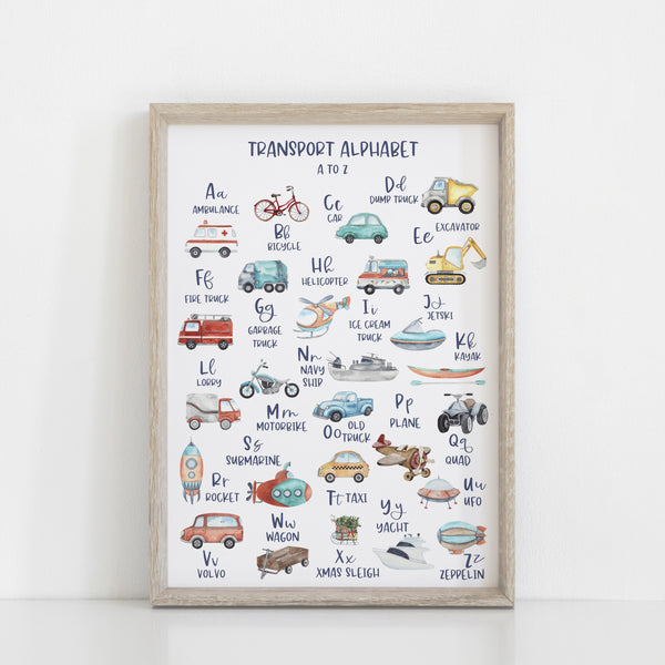 Alphabet Educational Wall Print, Transport Theme, Nursery Art, Kids Bedroom Decor Automobile, Car, Plane, Train