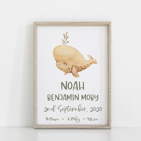 Personalised Name and Birth Print, Whale Neutral Bedroom Wall Art, Toy Room Theme, Nursery Art