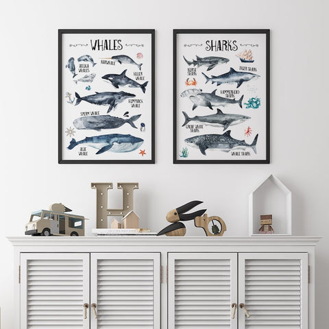 Educational Ocean Wall Print Set of 2, Whales & Sharks Nautical Alphabet Kids Bedroom Wall Art, Nautical Theme