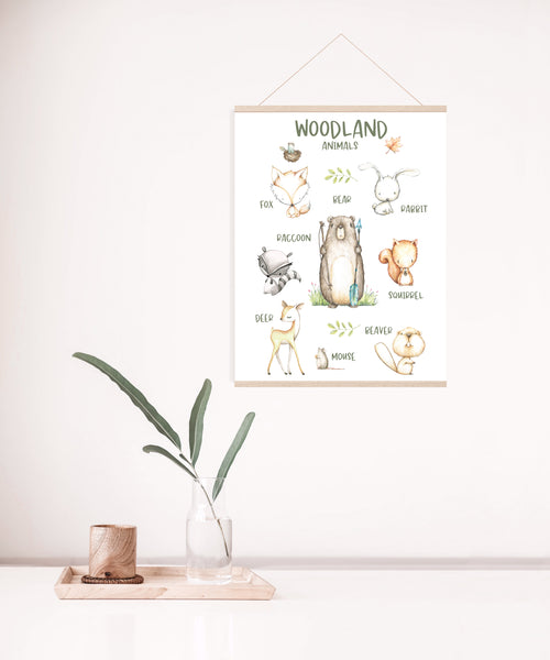 Woodland Animal Wall Print, Educational Kids Bedroom Wall Art, Animal Theme, Nursery Kids Bedroom Decor, Bear, Fox, Racoon, Squirrel, Deer, Rabbit