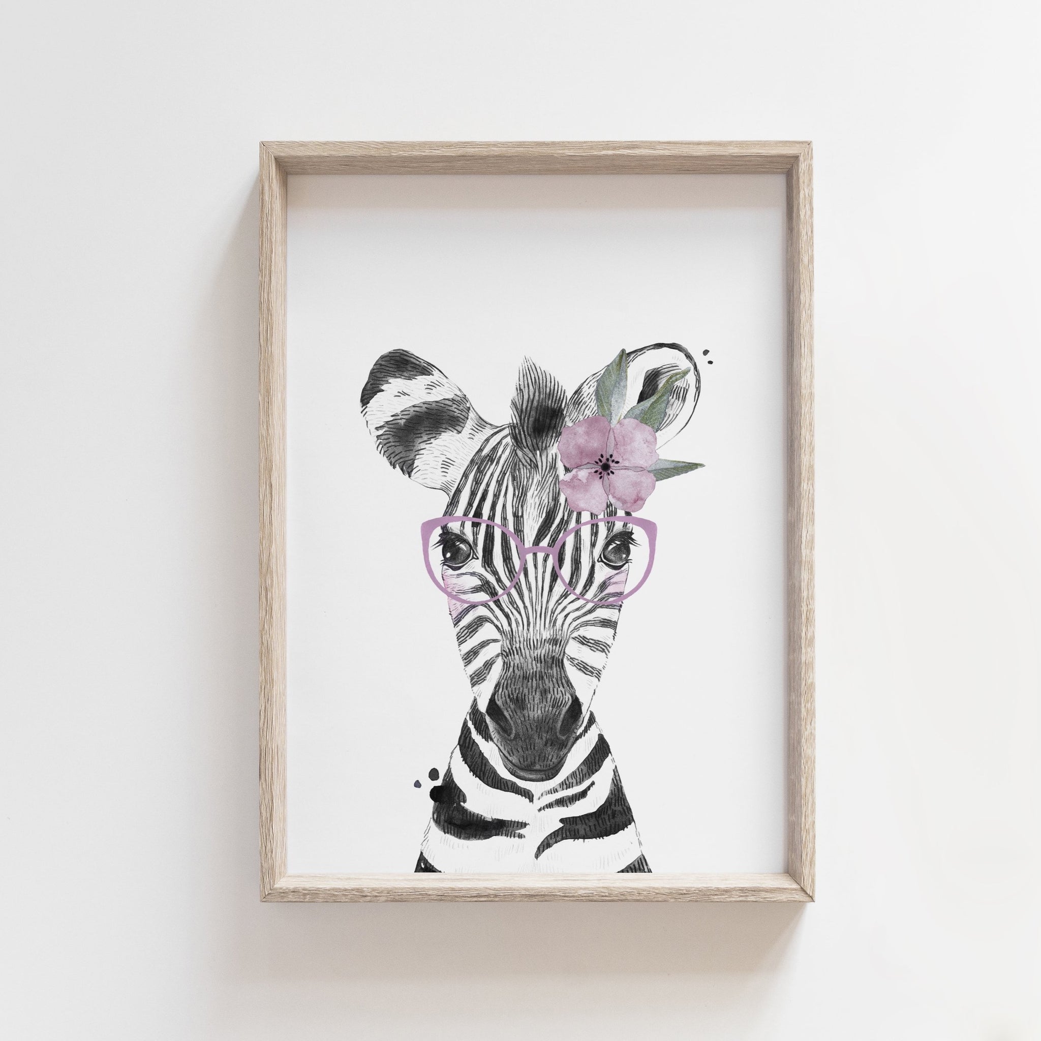 Girls Safari Zoo Animal Wall Art Print, Zebra Wall Art Decor