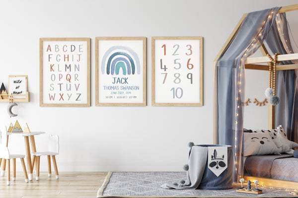 Set of 3 Rainbow Personalised Print Set, Blue Rainbow Nursery Wall Art, Alphabet Numbers Learning Prints