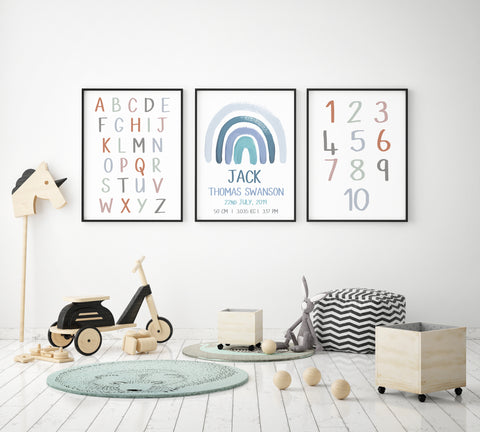 Set of 3 Rainbow Personalised Print Set, Blue Rainbow Nursery Wall Art, Alphabet Numbers Learning Prints