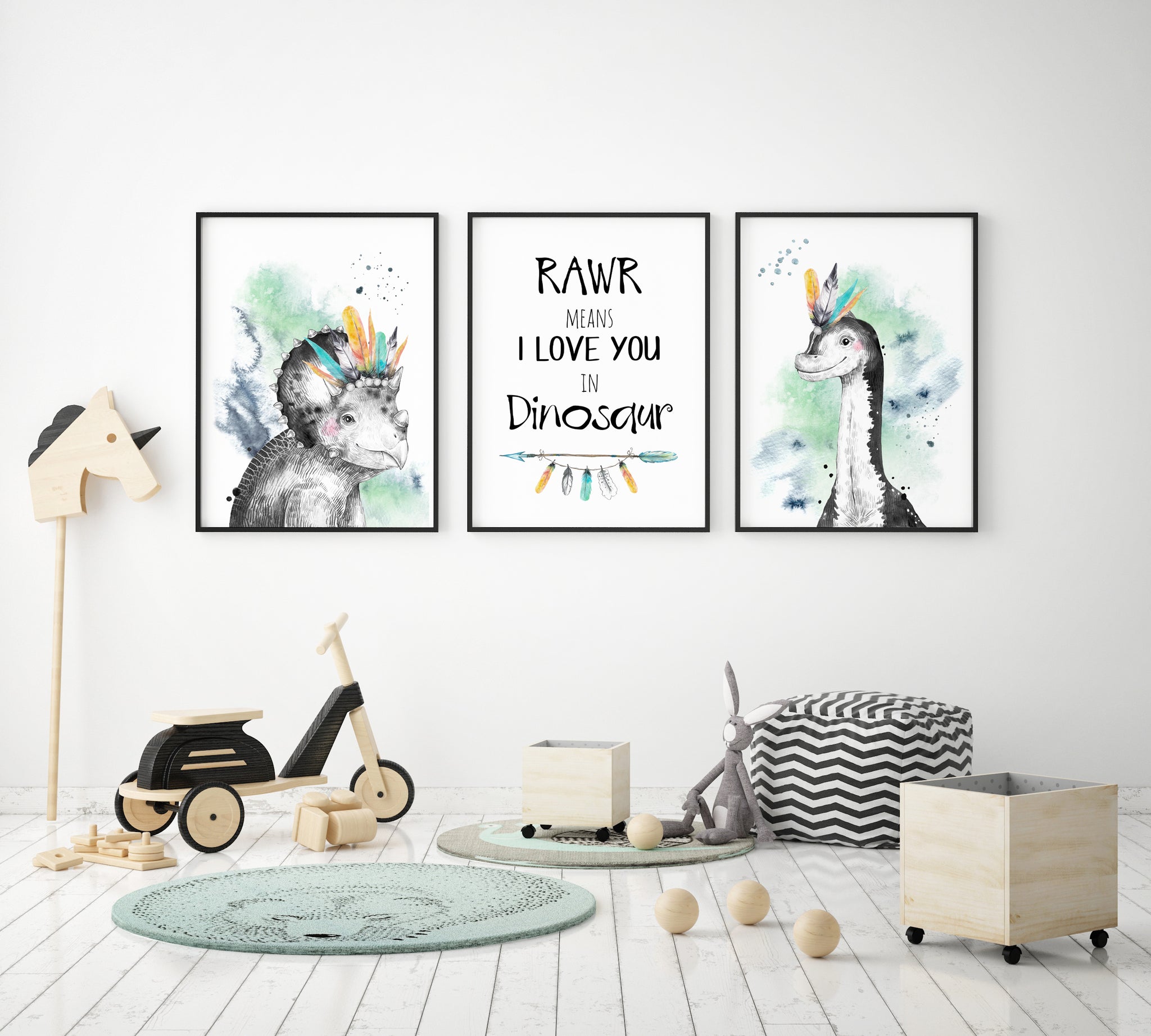 Dinosaur Wall Art Prints, Set of 3, Rawr means I love you in Dinosaur, Boys bedroom decor, Dinosaur kids playroom decor