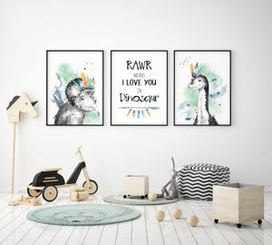 Dinosaur Wall Art Prints, Set of 3, Rawr means I love you in Dinosaur, Boys bedroom decor, Dinosaur kids playroom decor