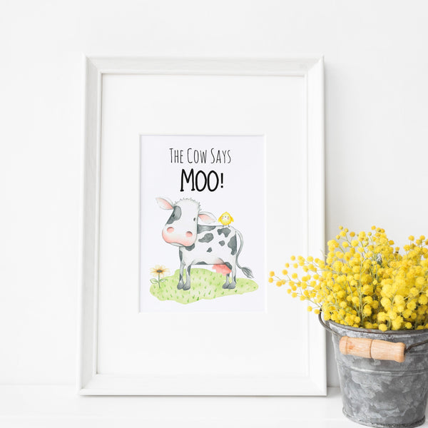 Farm Yard Cow Nursery Print, The Cow Says Moo Wall Art Baby Nursery Decoration A3, A4 or A5  Baby Shower Gift