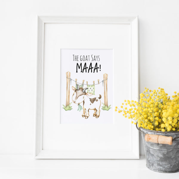 Farm Yard Goat Nursery Print, The Goat Says Maa Wall Art Baby Nursery Decoration A3, A4 or A5  Baby Shower Gift