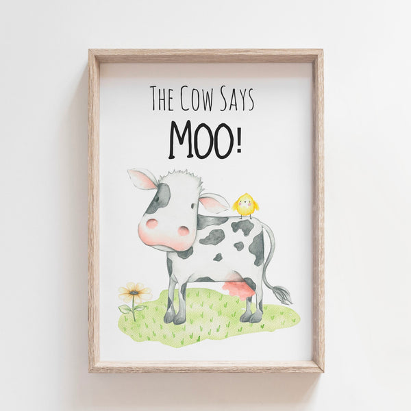 Farm Yard Cow Nursery Print, The Cow Says Moo Wall Art Baby Nursery Decoration A3, A4 or A5  Baby Shower Gift