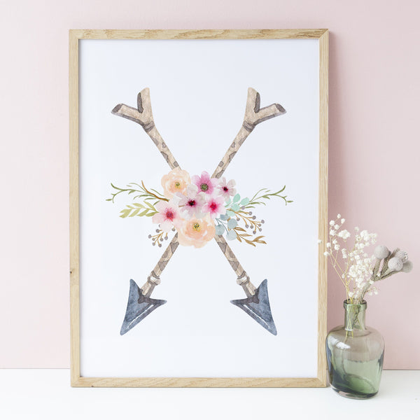 Boho Tribal Woodland Nursery Art Decor, Set of 3, Bunny Rabbit, Teepee, Arrows, Baby Girl Nursery Print A3, A4 or A5
