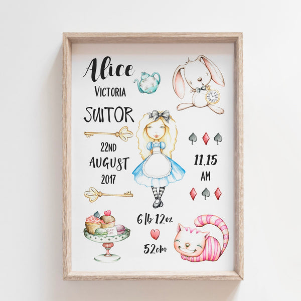 Alice in Wonderland Custom Personalised Birth Print, Nursery Print, Kids Bedroom Wall Art Decor