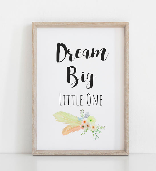 Dream Big Little One, Boho Dreamcatcher Baby Nursery Art Kids Decor, Set of 3, Boho Elephant Yellow Floral Nursery Print A3, A4 or A5