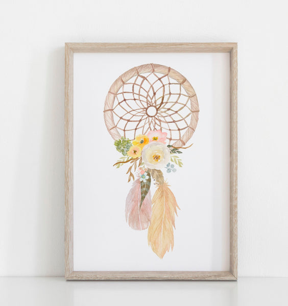 Dream Big Little One, Boho Dreamcatcher Baby Nursery Art Kids Decor, Set of 3, Boho Elephant Yellow Floral Nursery Print A3, A4 or A5