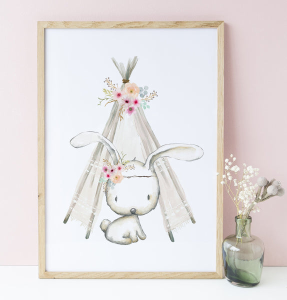 Boho Tribal Woodland Nursery Art Decor, Set of 3, Bunny Rabbit, Teepee, Arrows, Baby Girl Nursery Print A3, A4 or A5