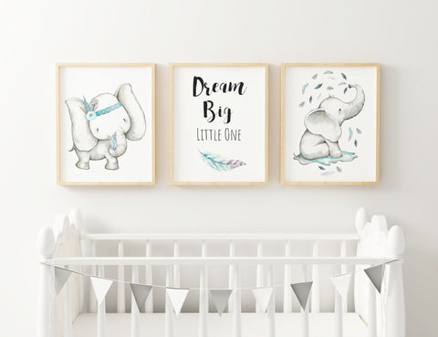 Dream Big Little One, Boho Nursery Art Decor, Set of 3, Boho Elephant Blue Nursery Print A3, A4 or A5