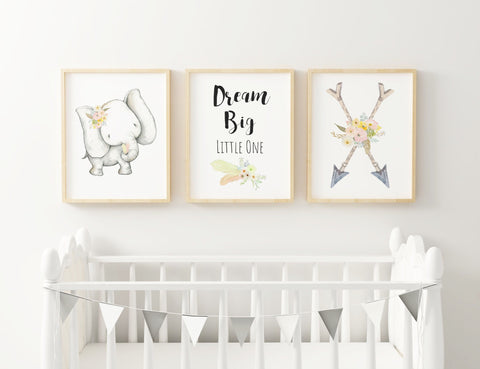 Dream Big Little One, Boho Baby Nursery Art Kids Decor, Set of 3, Boho Elephant Yellow Floral Nursery Print A3, A4 or A5