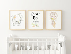 Dream Big Little One, Boho Dreamcatcher Baby Nursery Art Kids Decor, Set of 3, Boho Elephant Yellow Floral Nursery Print A3, A4 or A5