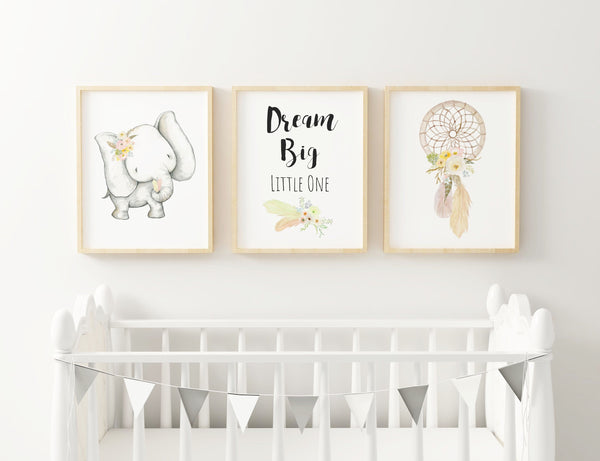 Dream Big Little One, Boho Dreamcatcher Baby Nursery Art Kids Decor, Set of 3, Boho Elephant Yellow Floral Nursery Print A3, A4 or A5