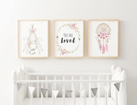 Boho Floral You Are Loved Bunny Teepee Print Baby Nursery Decor Wall Art Set of 3, A3, A4 or A5