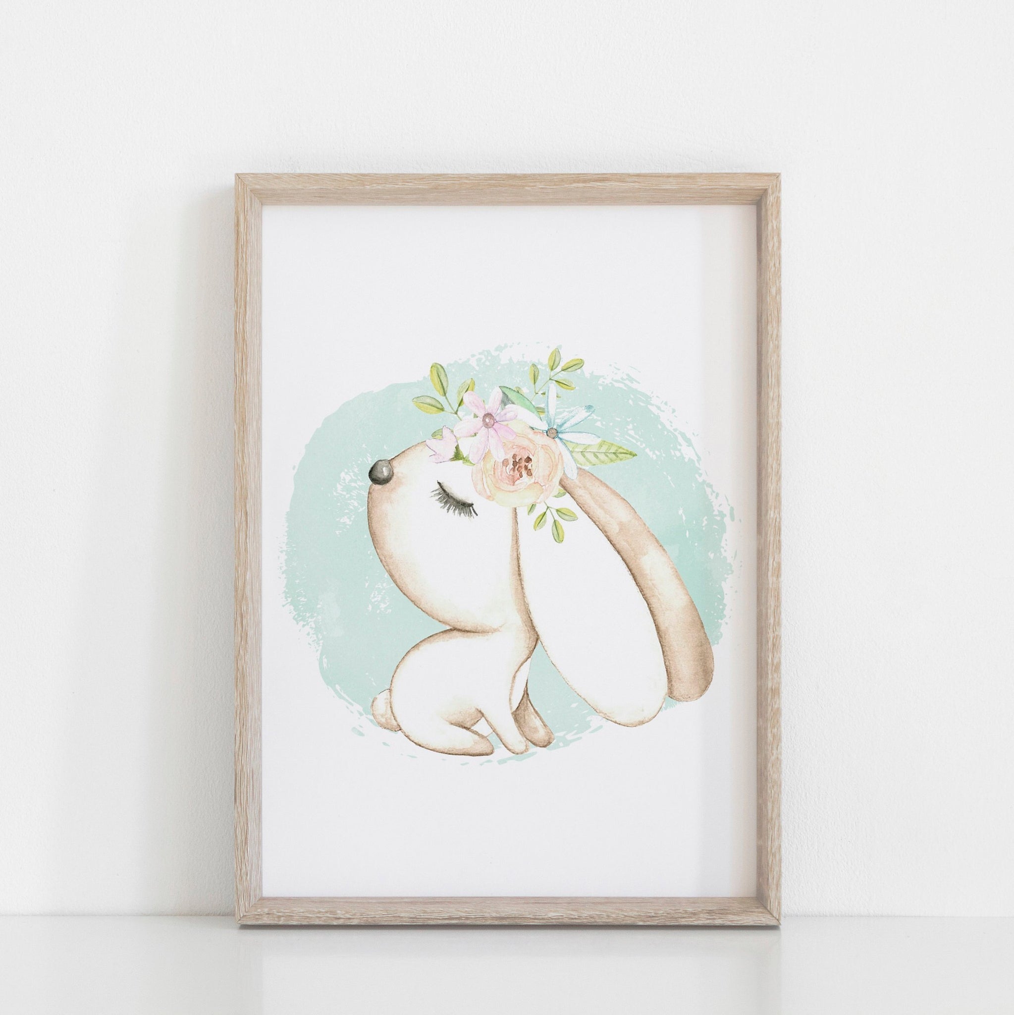 Watercolour Mint Baby Bunny Rabbit Boho Floral Print, Nursery/Kid's Room Wall Art