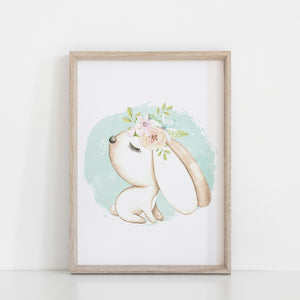 Watercolour Mint Baby Bunny Rabbit Boho Floral Print, Nursery/Kid's Room Wall Art