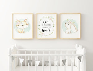 Boho Soft Floral Woodland Even the Smallest One Can Change the World Quote Print Set Baby Nursery Decor Wall Art Set of 3, A3, A4 or A5
