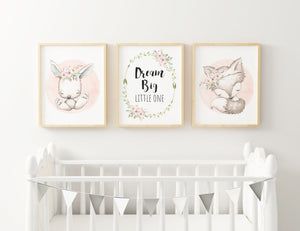 Dream Big Little One Sleepy Fox & Bunny Pink Watercolour Circle Prints Baby Nursery Decor Wall Art Set of 3, A3, A4 or A5