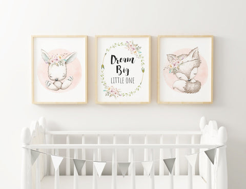 Dream Big Little One Sleepy Fox & Bunny Pink Watercolour Circle Prints Baby Nursery Decor Wall Art Set of 3, A3, A4 or A5