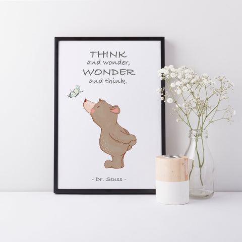 Dr Seuss Book Quote "Think and Wonder, Wonder and Think" Kids Bedroom Baby Nursery Wall Art Print