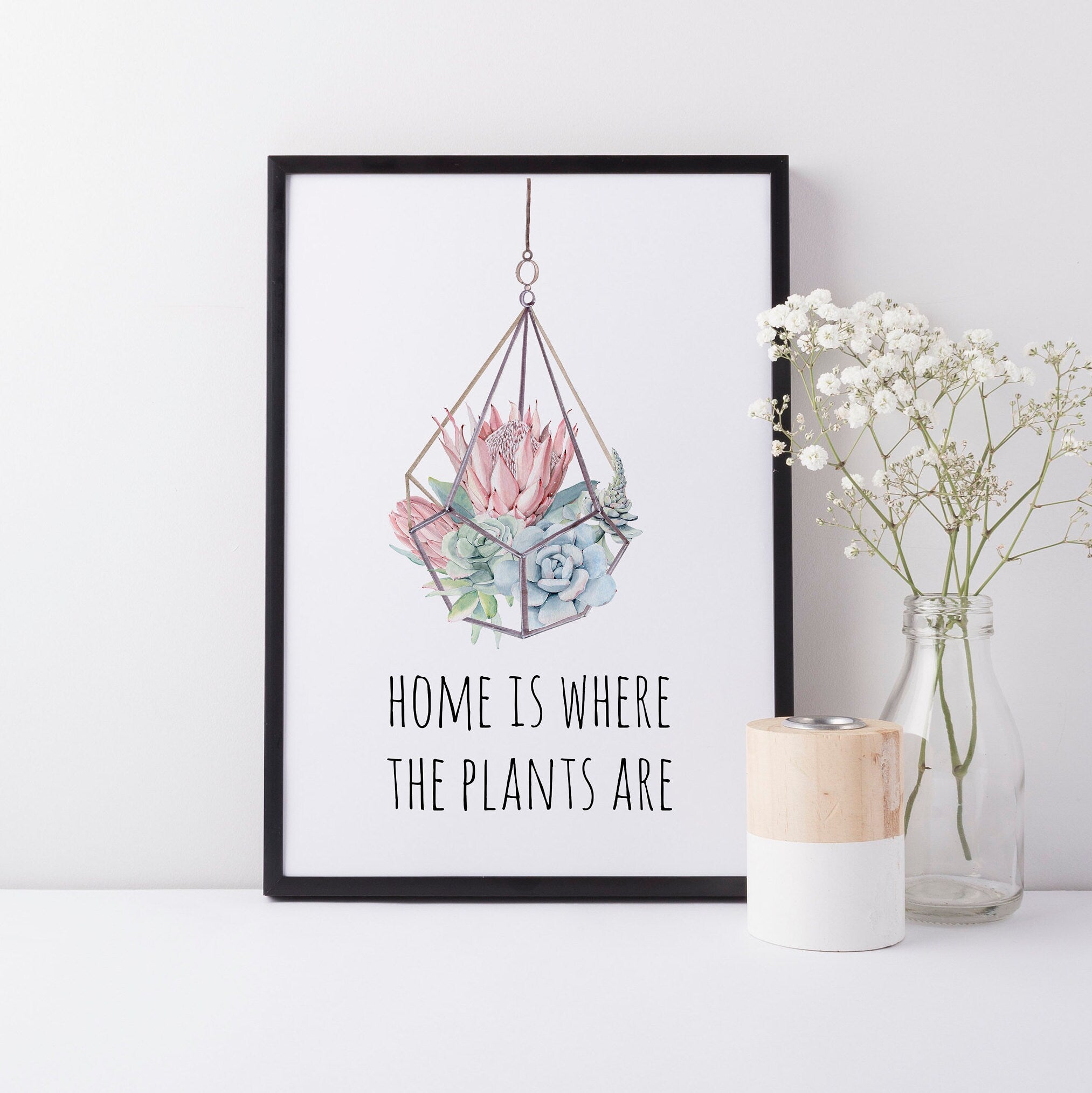 Cactus Succulent Wall Art Decor, 'Home is Where My Plants Are', Funny Humorous Print Wall Decor A3, A4 or A5