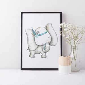 Boho Elephant Nursery Wall Print, Baby Boy Nursery Decor, Blue Elephant theme A3, A4 or A5