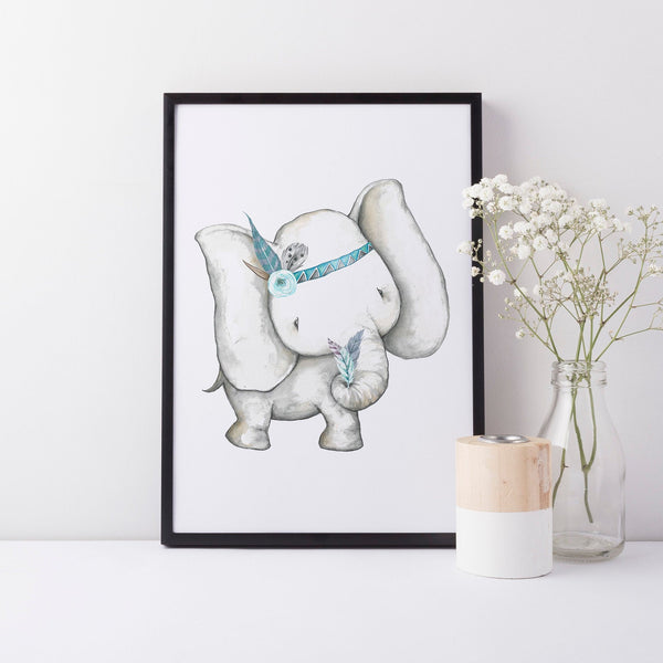 Boho Elephant Nursery Wall Print, Baby Boy Nursery Decor, Blue Elephant theme A3, A4 or A5