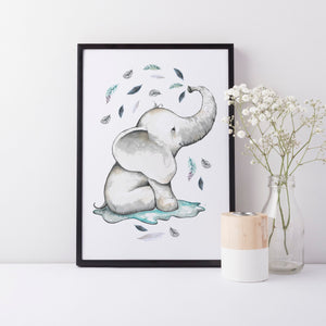 Boho Elephant Nursery Wall Print, Baby Boy Nursery Decor, Blue Elephant Leaf theme A3, A4 or A5