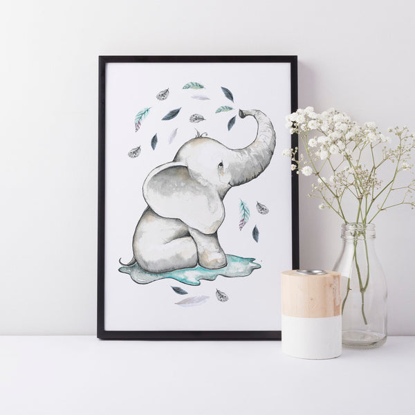 Boho Elephant Nursery Wall Print, Baby Boy Nursery Decor, Blue Elephant Leaf theme A3, A4 or A5