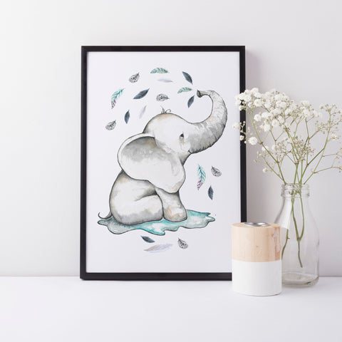 Boho Elephant Nursery Wall Print, Baby Boy Nursery Decor, Blue Elephant Leaf theme A3, A4 or A5