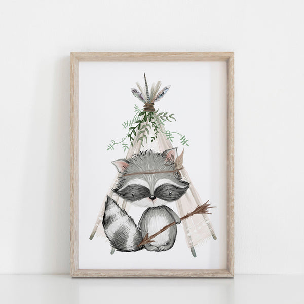 Boho Woodland Raccoon and Teepee Wall Nursery Print, Wall Art Nursery Decoration A3, A4 or A5