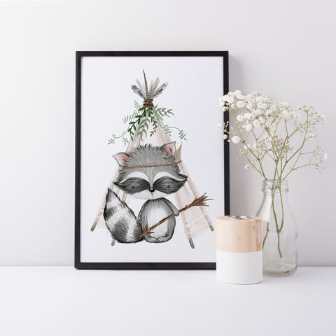 Boho Woodland Raccoon and Teepee Wall Nursery Print, Wall Art Nursery Decoration A3, A4 or A5