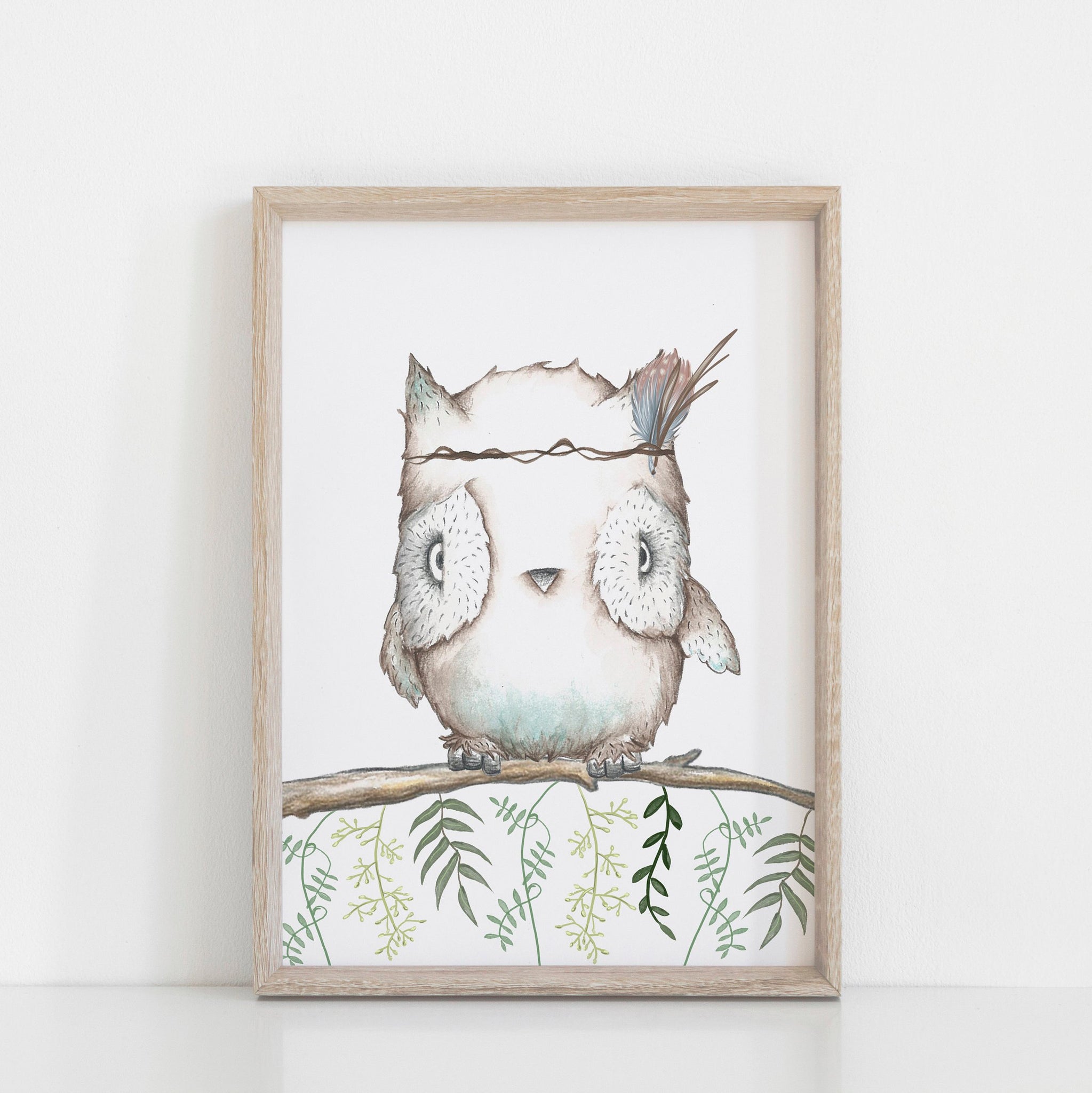 Boho Woodland Perched Owl Wall Print, Kid's Bedroom/Nursery Wall Decor