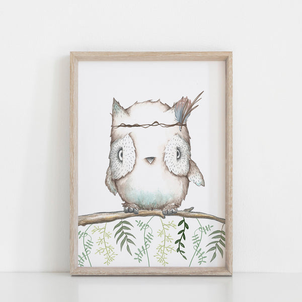 Boho Woodland Perched Owl Wall Print, Kid's Bedroom/Nursery Wall Decor