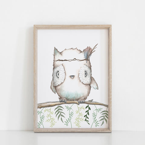 Boho Woodland Perched Owl Wall Print, Kid's Bedroom/Nursery Wall Decor