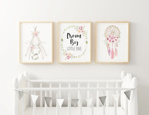 Boho Floral Dream Big Little One Bunny Teepee Print Baby Nursery Decor Wall Art Set of 3, A3, A4 or A5