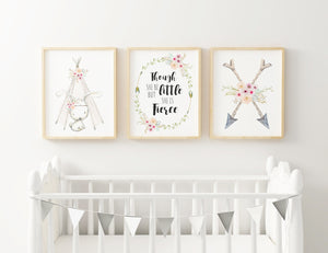 Boho Floral Though She Be But Little She is Fierce Quote, Bunny Teepee Wall Print Set of 3