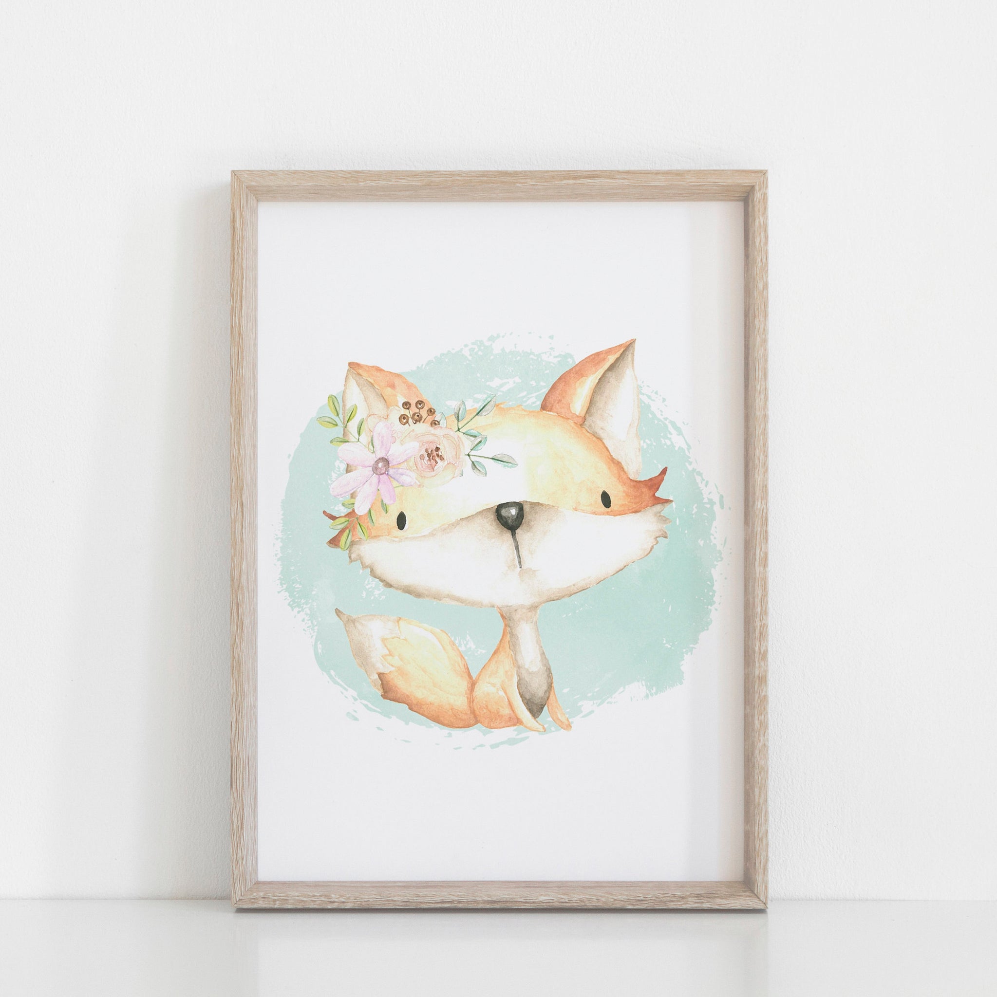 Watercolour Mint Baby Fox Boho Floral Print, Nursery/Kid's Room Wall Art