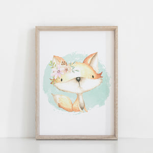 Watercolour Mint Baby Fox Boho Floral Print, Nursery/Kid's Room Wall Art