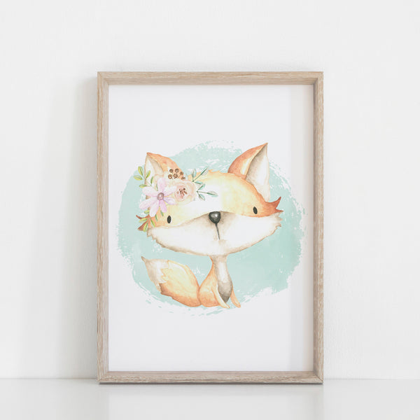 Watercolour Mint Baby Fox Boho Floral Print, Nursery/Kid's Room Wall Art