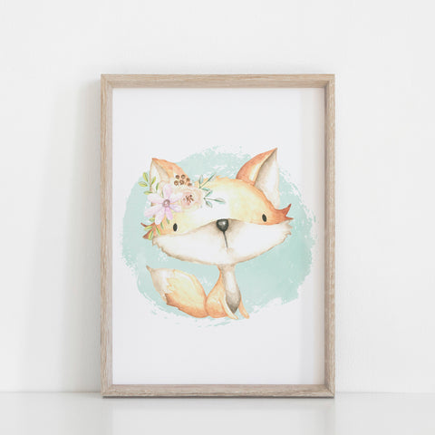 Watercolour Mint Baby Fox Boho Floral Print, Nursery/Kid's Room Wall Art