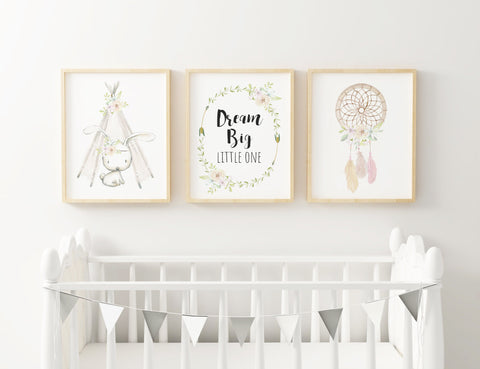 Soft Floral Dream Big Little One Bunny Teepee Dreamcatcher Print Baby Nursery Decor Wall Art Set of 3, A3, A4 or A5