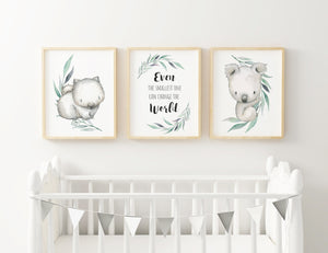 Set of 3 Australian Animal  "Even the Smallest One Can Change the World" Wall Prints, Wombat, Koala