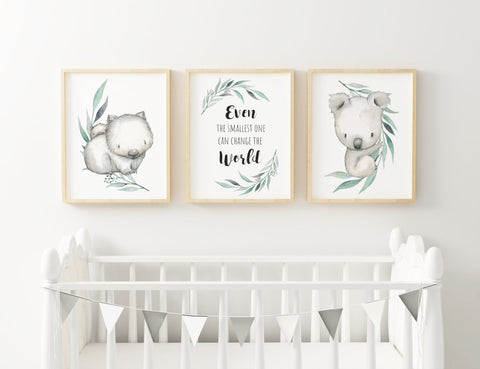 Set of 3 Australian Animal  "Even the Smallest One Can Change the World" Wall Prints, Wombat, Koala
