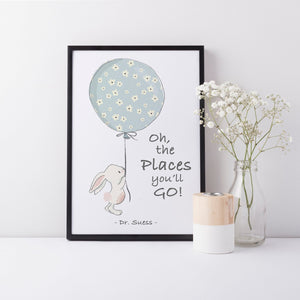 Dr Seuss Quote "Oh The Places You'll Go" Blue Kids Bedroom Baby Nursery Wall Print